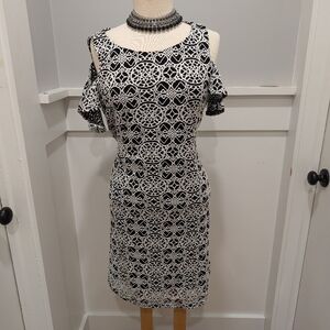 R&M Richards Black and White Cold Shoulder Sheath Dress